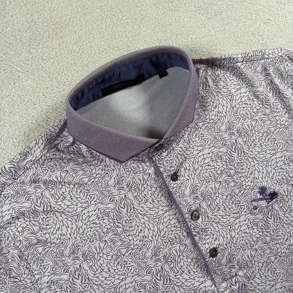 Greyson Den Of Thieves Polo Shirt Mens Large Purple‎ White Stretch Wolf Pattern